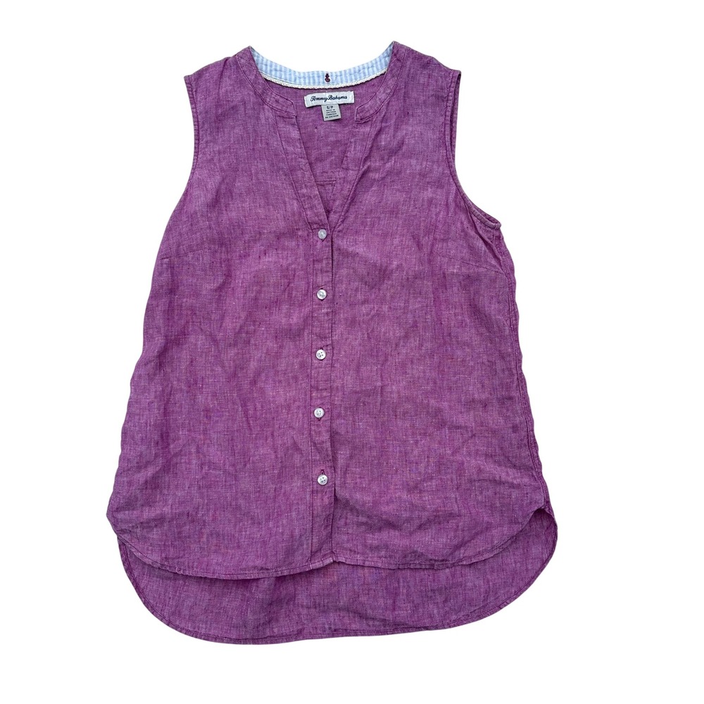 Tommy Bahama Womens Linen Top Small Purple 100% Linen Sleeveless Button Up